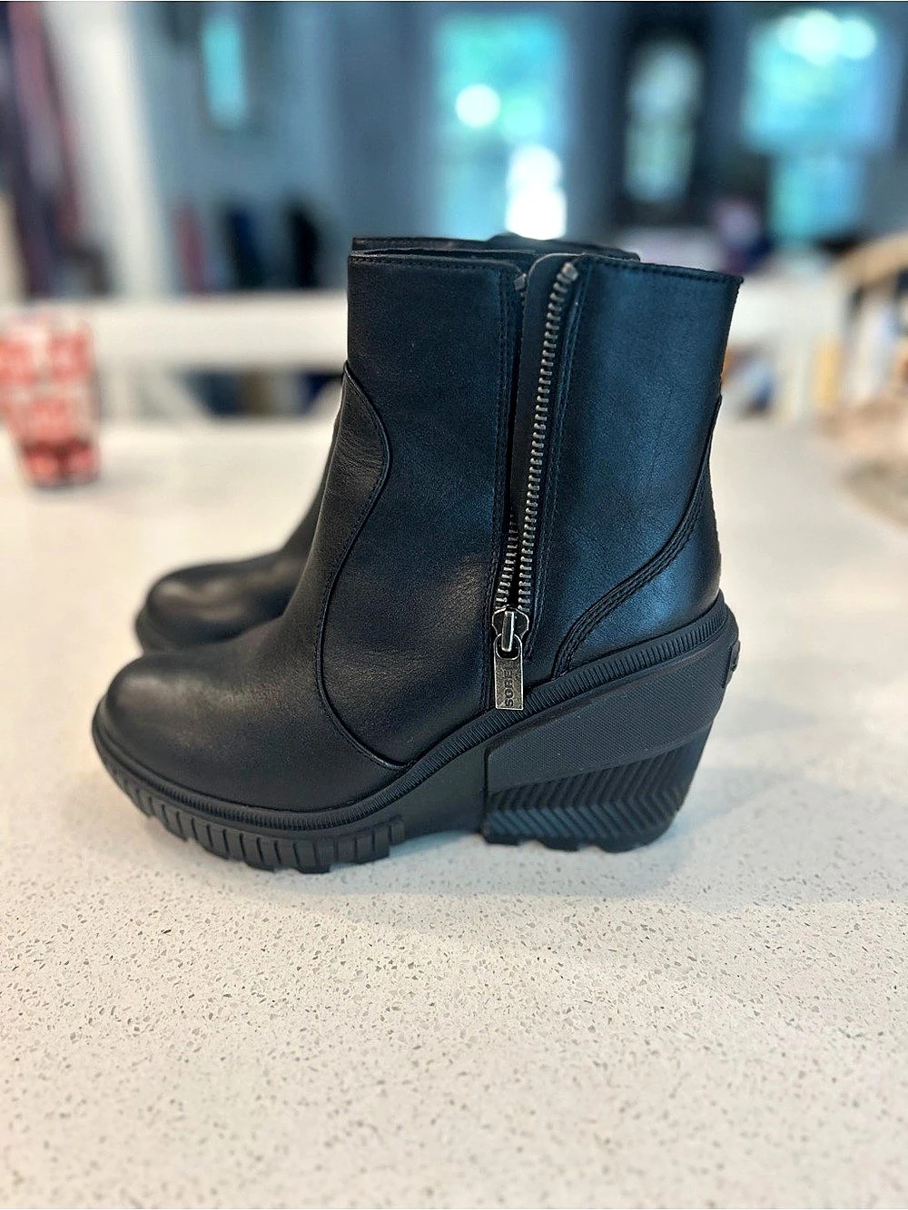 SOREL Ona Ave Zip Wedge Black Leather Waterproof Boots